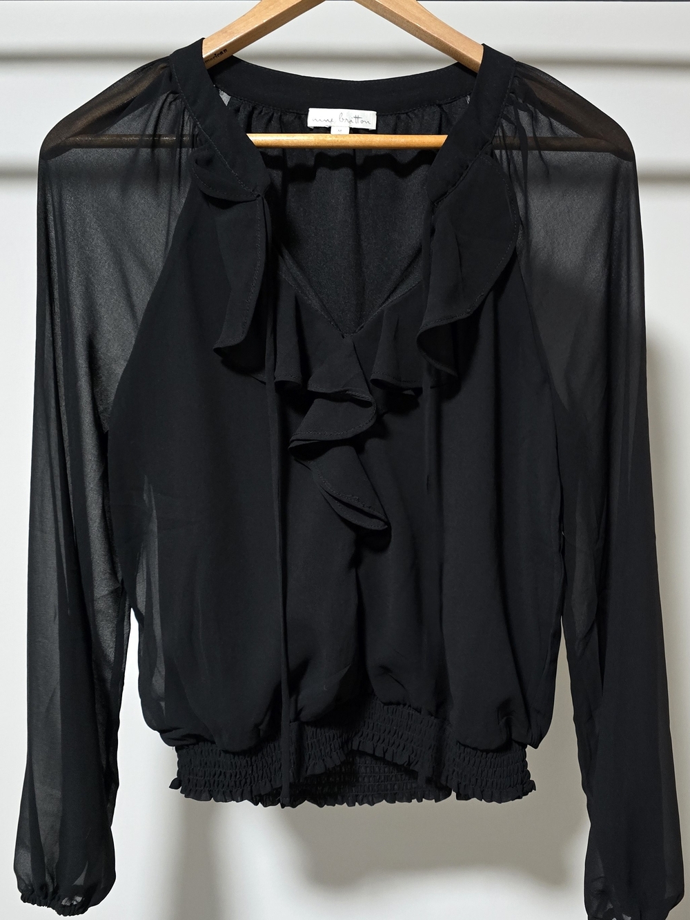 Nine Britton Black Ruffle V-Neck Sheer Blouse